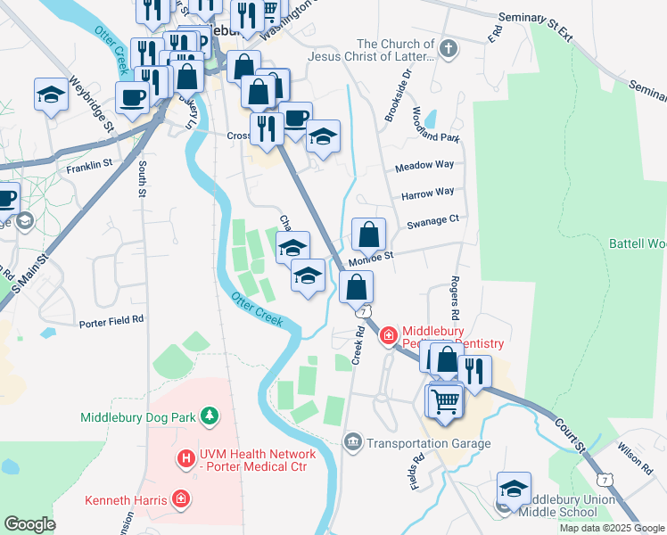 map of restaurants, bars, coffee shops, grocery stores, and more near 82 Court Street in Middlebury