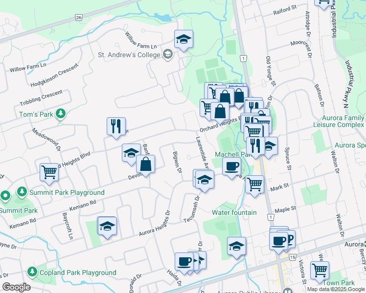 map of restaurants, bars, coffee shops, grocery stores, and more near 13 Devins Drive in Aurora