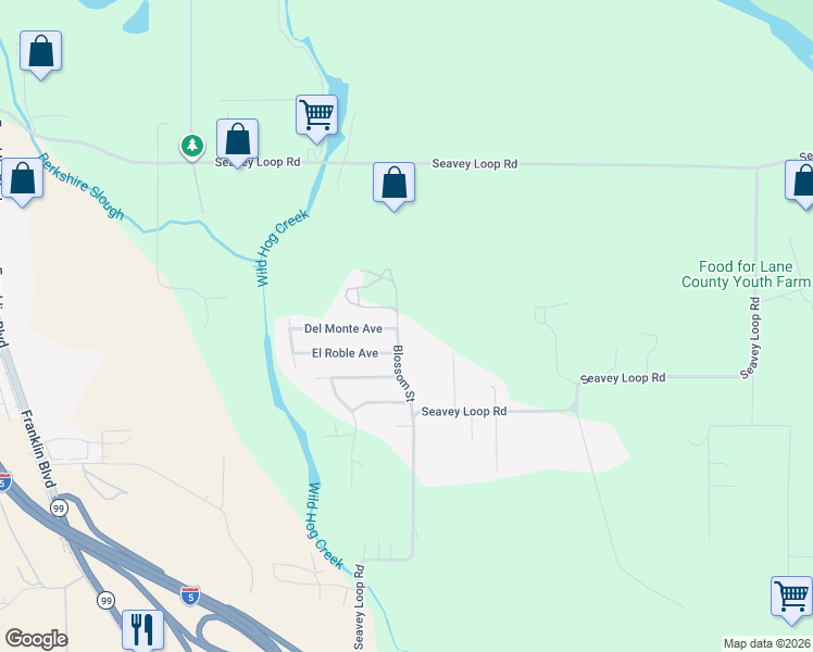map of restaurants, bars, coffee shops, grocery stores, and more near 86277 Blossom Street in Eugene