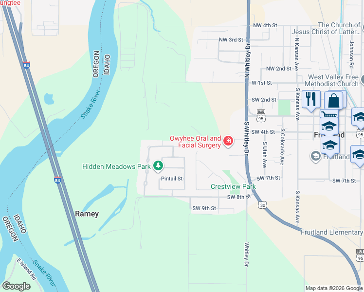 map of restaurants, bars, coffee shops, grocery stores, and more near 1065 Wood Duck Street in Fruitland