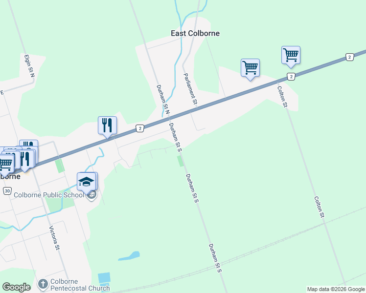 map of restaurants, bars, coffee shops, grocery stores, and more near 245 Durham Street South in Colborne