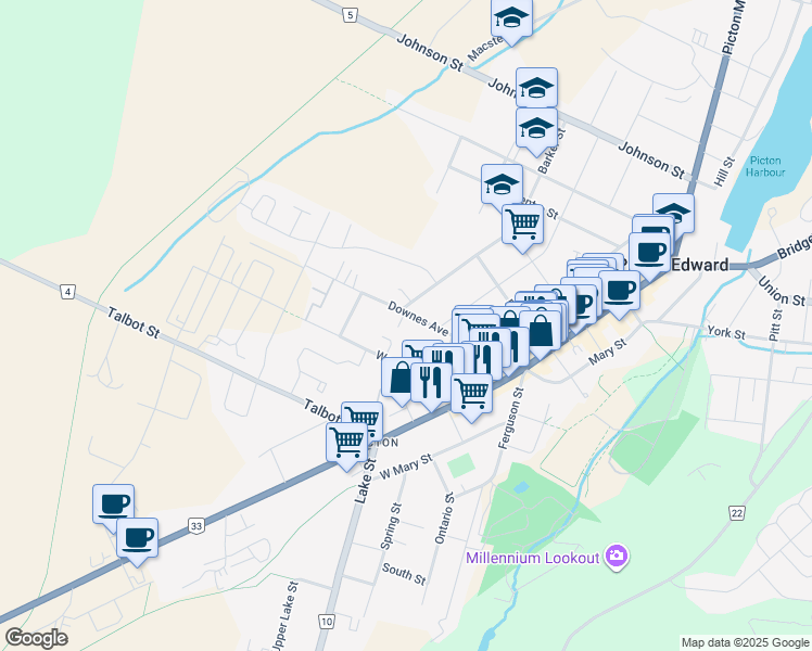 map of restaurants, bars, coffee shops, grocery stores, and more near 25 Downes Avenue in Prince Edward