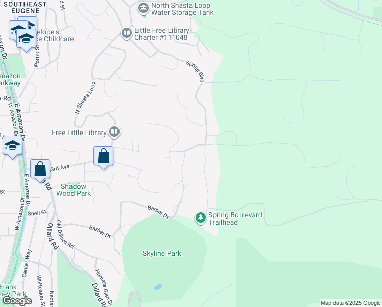map of restaurants, bars, coffee shops, grocery stores, and more near 2055 East 43rd Avenue in Eugene