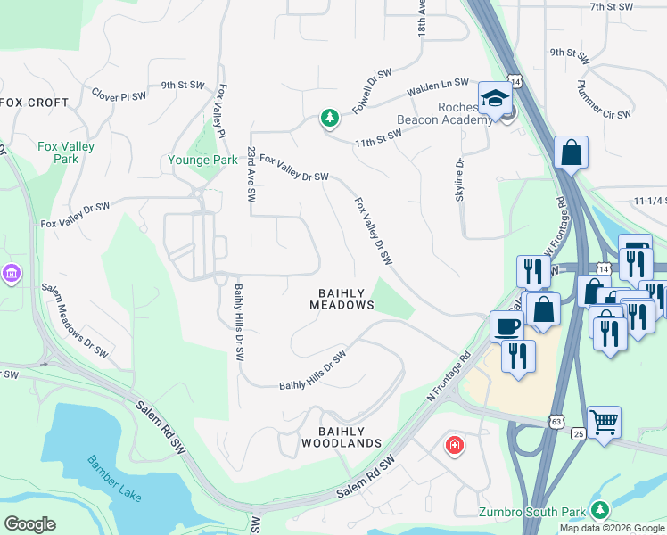 map of restaurants, bars, coffee shops, grocery stores, and more near 2014 Baihly Summit Drive Southwest in Rochester