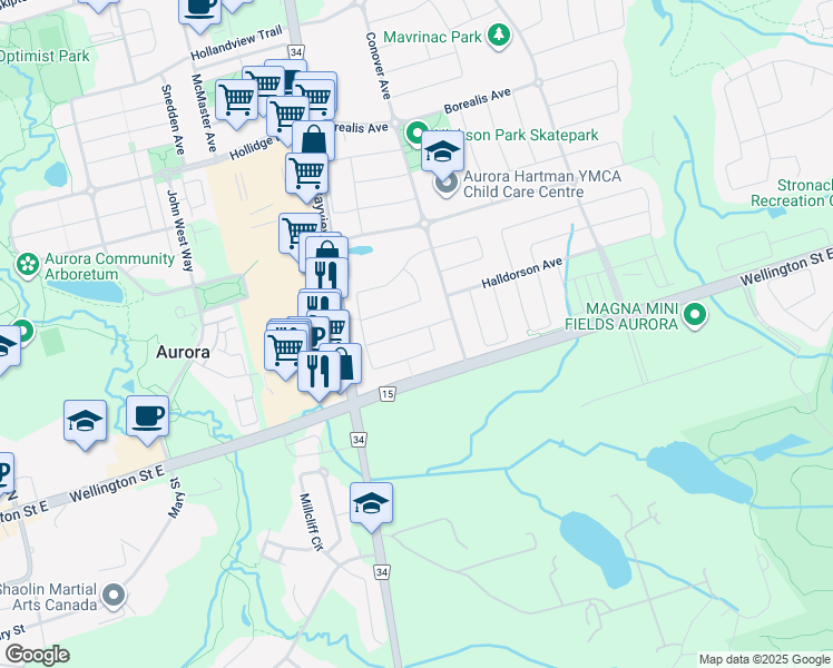 map of restaurants, bars, coffee shops, grocery stores, and more near 53 Martell Gate in Aurora