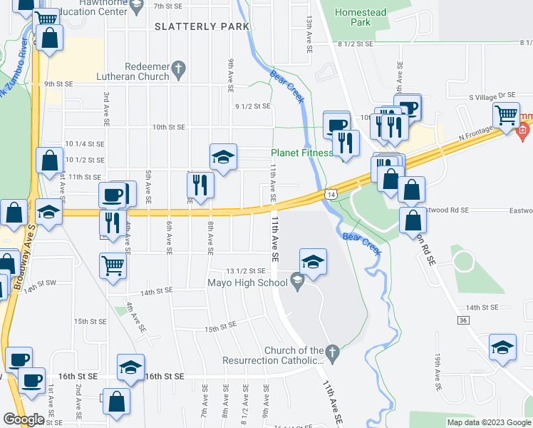 map of restaurants, bars, coffee shops, grocery stores, and more near 1020 12th Street Southeast in Rochester
