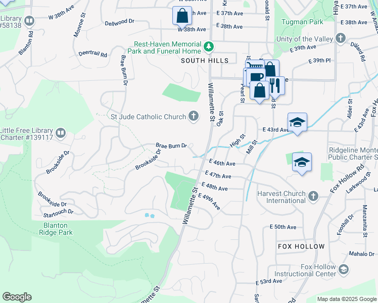 map of restaurants, bars, coffee shops, grocery stores, and more near 50 Brae Burn Drive in Eugene