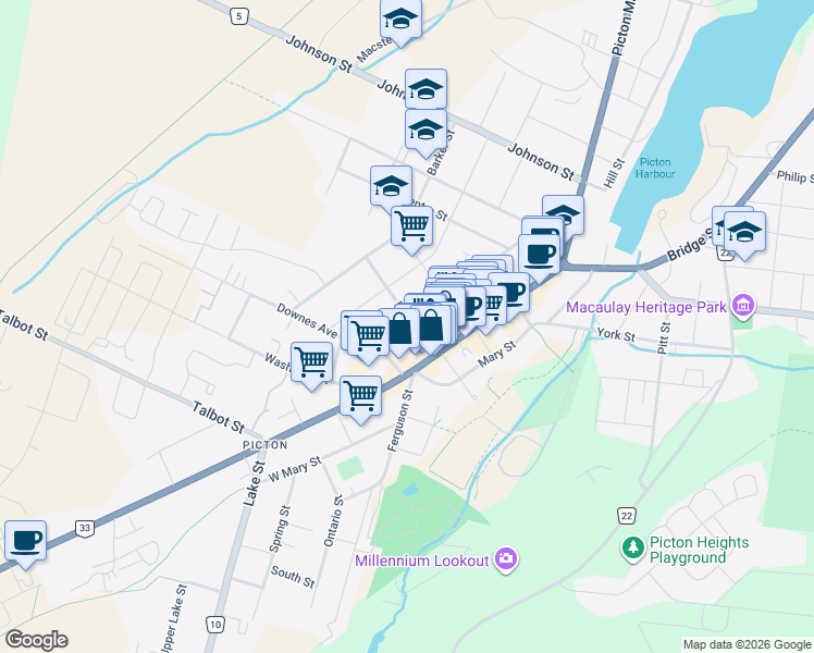 map of restaurants, bars, coffee shops, grocery stores, and more near 34 King Street in Prince Edward