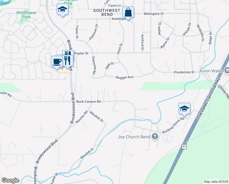 map of restaurants, bars, coffee shops, grocery stores, and more near 19724 Buck Canyon Road in Bend
