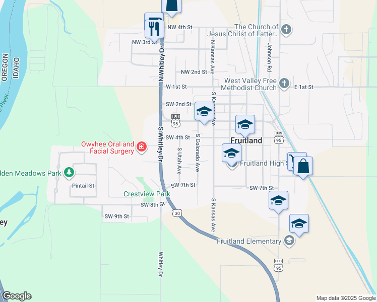 map of restaurants, bars, coffee shops, grocery stores, and more near 419 South Colorado Avenue in Fruitland
