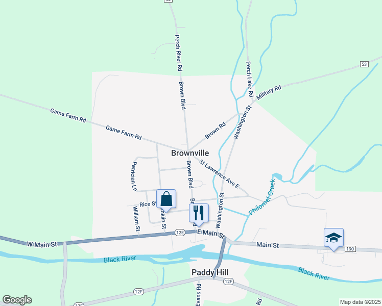 map of restaurants, bars, coffee shops, grocery stores, and more near in Brownville