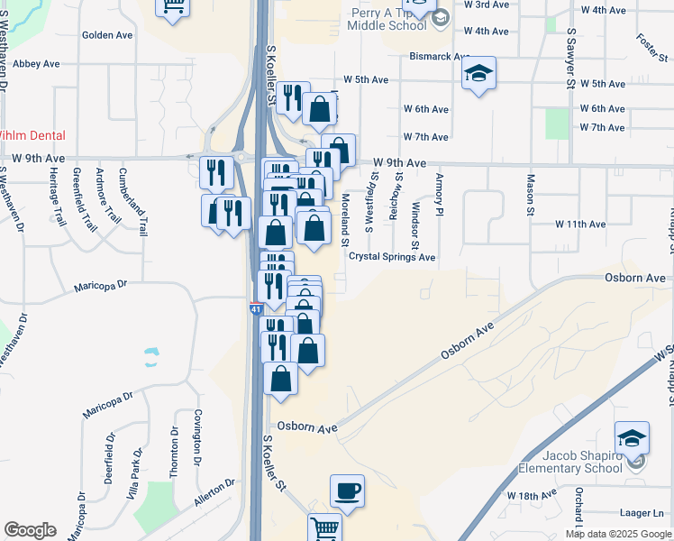 map of restaurants, bars, coffee shops, grocery stores, and more near 1310 Moreland Street in Oshkosh