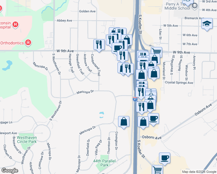 map of restaurants, bars, coffee shops, grocery stores, and more near 1380 Maricopa Drive in Oshkosh