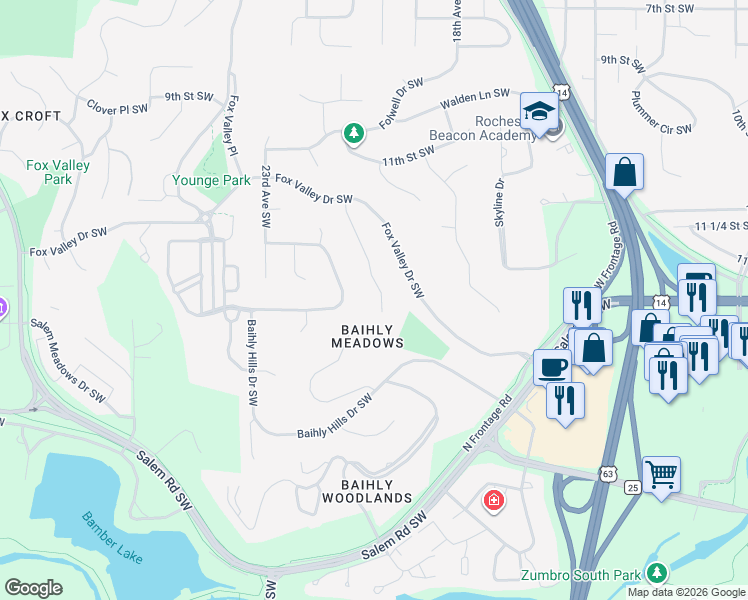 map of restaurants, bars, coffee shops, grocery stores, and more near 1933 Baihly Estates Lane Southwest in Rochester