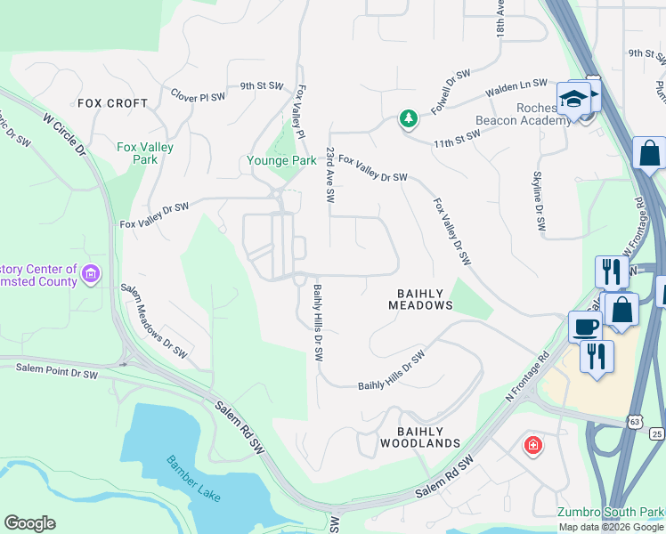 map of restaurants, bars, coffee shops, grocery stores, and more near 2209 Baihly Summit Drive Southwest in Rochester