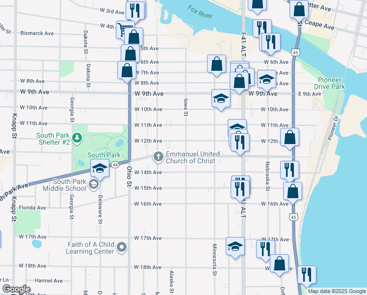 map of restaurants, bars, coffee shops, grocery stores, and more near 1211 Iowa Street in Oshkosh