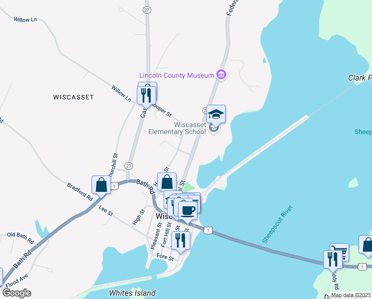 map of restaurants, bars, coffee shops, grocery stores, and more near 7 Danforth Street in Wiscasset