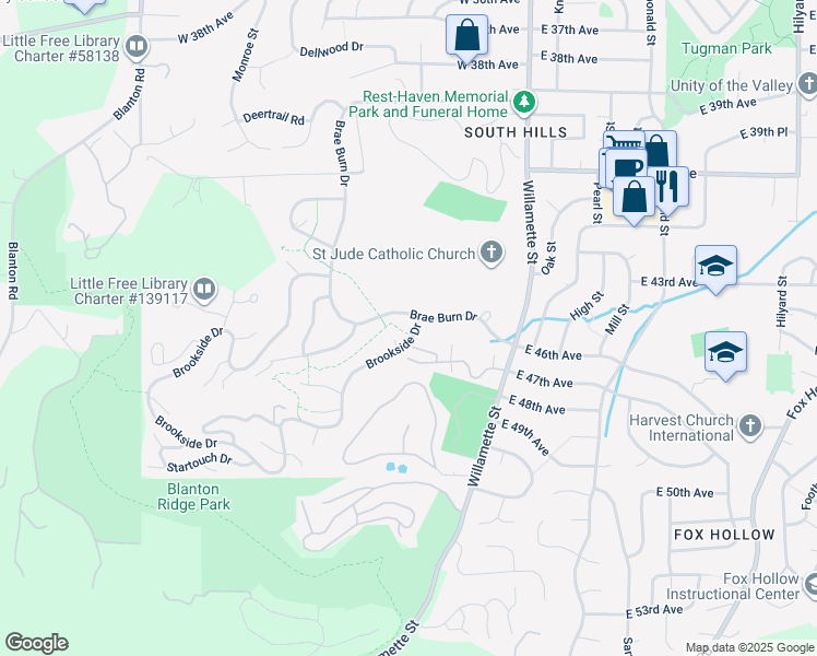 map of restaurants, bars, coffee shops, grocery stores, and more near 235 Brookside Drive in Eugene