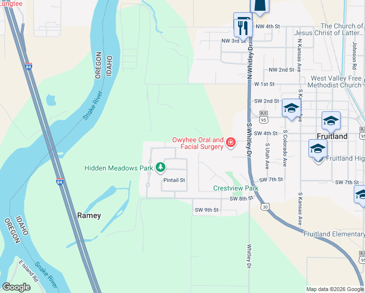 map of restaurants, bars, coffee shops, grocery stores, and more near 1065 Wood Duck Street in Fruitland
