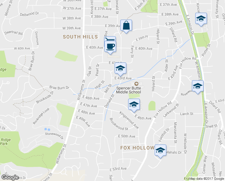 map of restaurants, bars, coffee shops, grocery stores, and more near 4490 Donald Street in Eugene