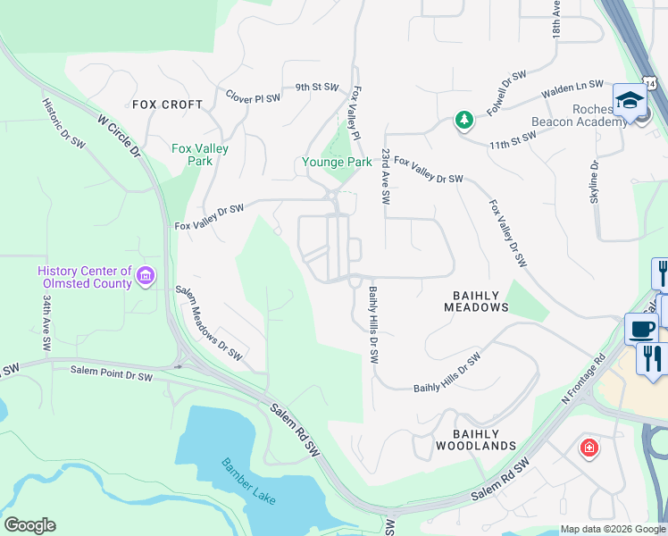 map of restaurants, bars, coffee shops, grocery stores, and more near 1210 Grey Fox Avenue Southwest in Rochester