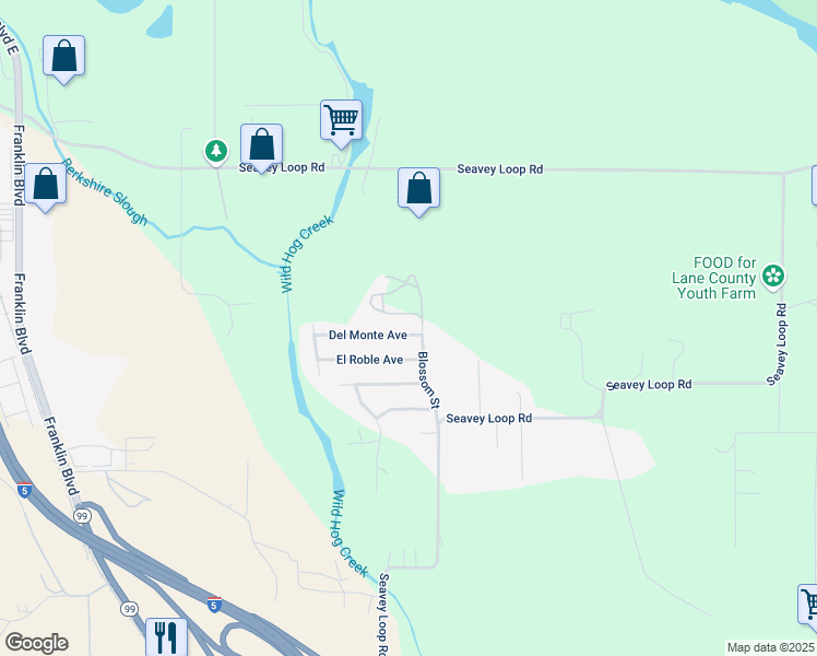 map of restaurants, bars, coffee shops, grocery stores, and more near 34183 Del Monte Avenue in Eugene