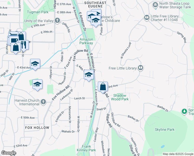 map of restaurants, bars, coffee shops, grocery stores, and more near 4265 East Amazon Drive in Eugene