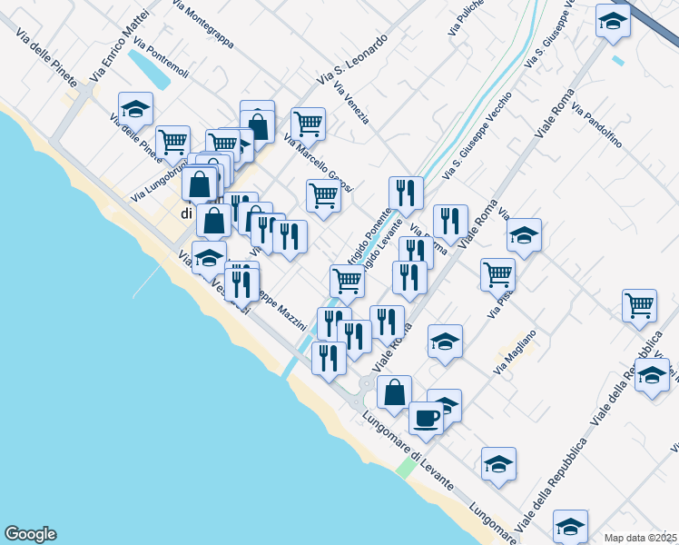 map of restaurants, bars, coffee shops, grocery stores, and more near 6 Lungofrigido Ponente in Marina di Massa