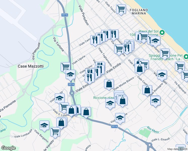 map of restaurants, bars, coffee shops, grocery stores, and more near 9A Viale Isonzo in Riccione