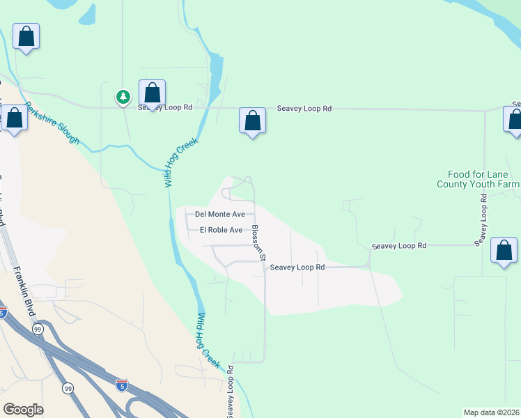 map of restaurants, bars, coffee shops, grocery stores, and more near 86277 Blossom Street in Eugene