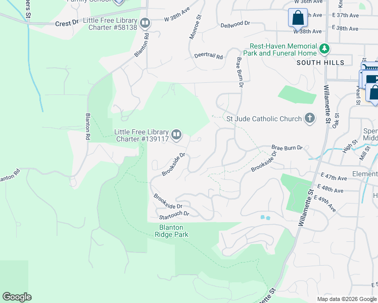 map of restaurants, bars, coffee shops, grocery stores, and more near 834 Brookside Drive in Eugene