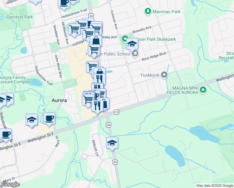 map of restaurants, bars, coffee shops, grocery stores, and more near 24 Martell Gate in Aurora