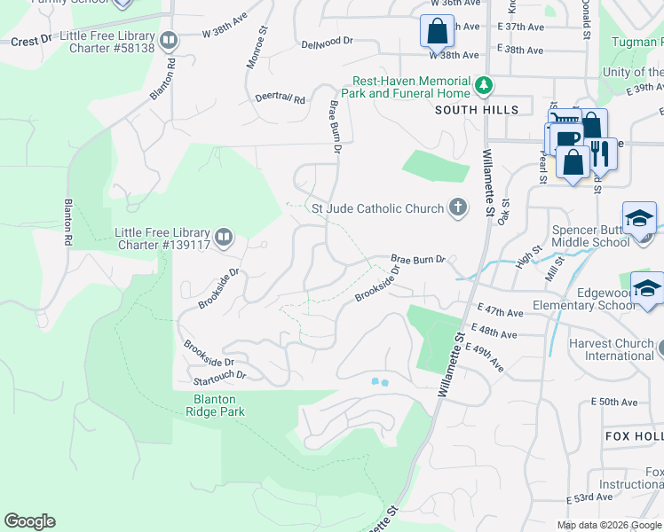 map of restaurants, bars, coffee shops, grocery stores, and more near 396 Brae Burn Drive in Eugene