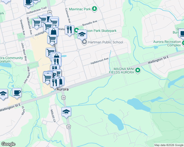 map of restaurants, bars, coffee shops, grocery stores, and more near 35 Morland Crescent in Aurora