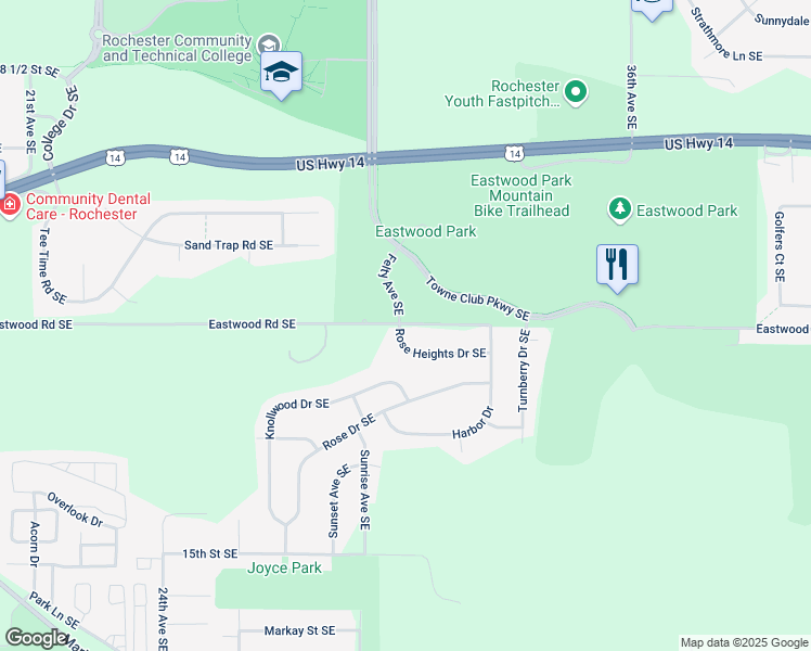 map of restaurants, bars, coffee shops, grocery stores, and more near 3048 Eastwood Road Southeast in Rochester