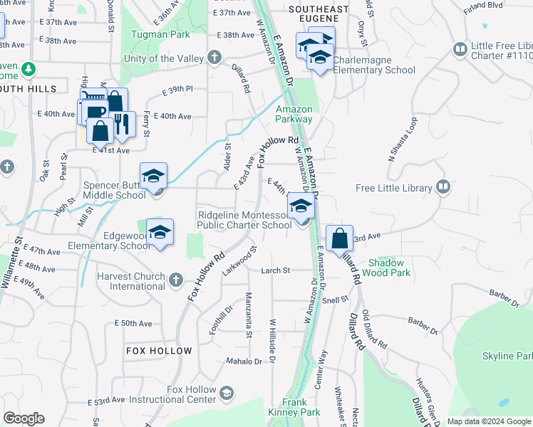 map of restaurants, bars, coffee shops, grocery stores, and more near 4435 Fox Hollow Road in Eugene