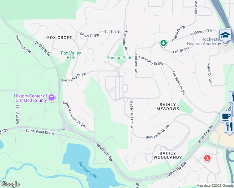 map of restaurants, bars, coffee shops, grocery stores, and more near 1210 Grey Fox Avenue Southwest in Rochester