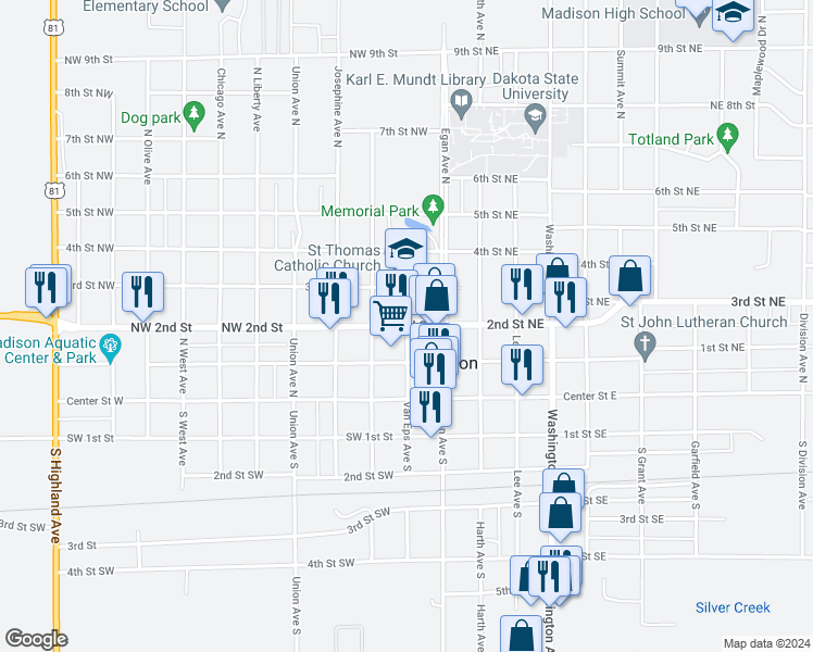 map of restaurants, bars, coffee shops, grocery stores, and more near 201 2nd Street Northwest in Madison