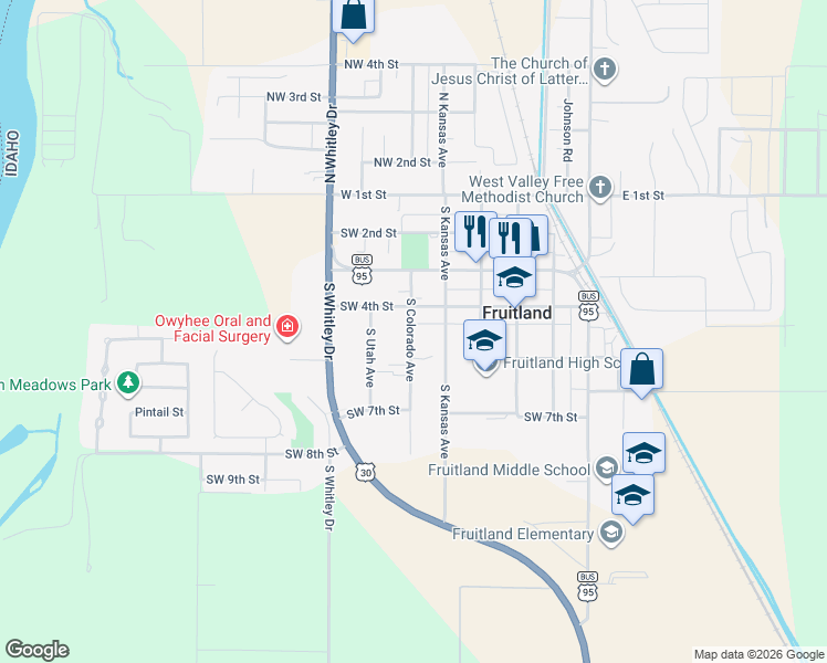 map of restaurants, bars, coffee shops, grocery stores, and more near 416 South Colorado Avenue in Fruitland