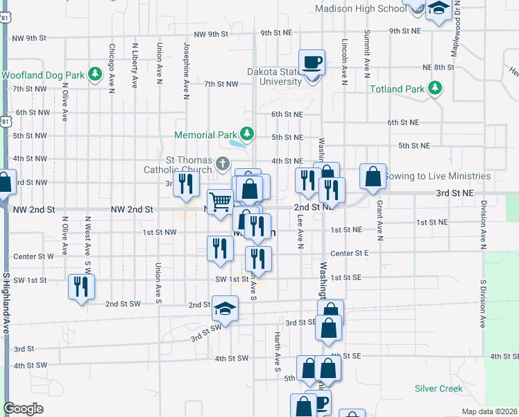 map of restaurants, bars, coffee shops, grocery stores, and more near 117 2nd Street Northeast in Madison