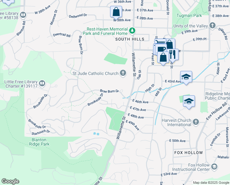 map of restaurants, bars, coffee shops, grocery stores, and more near 50 Brae Burn Drive in Eugene