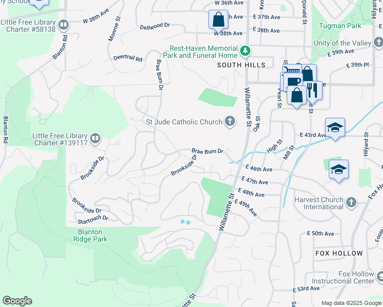 map of restaurants, bars, coffee shops, grocery stores, and more near 235 Brookside Drive in Eugene
