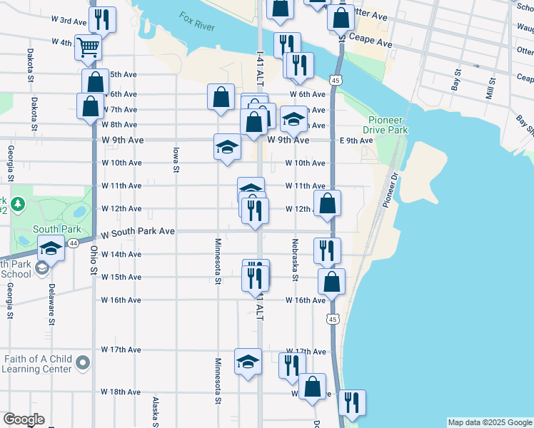 map of restaurants, bars, coffee shops, grocery stores, and more near 1212 Oregon Street in Oshkosh