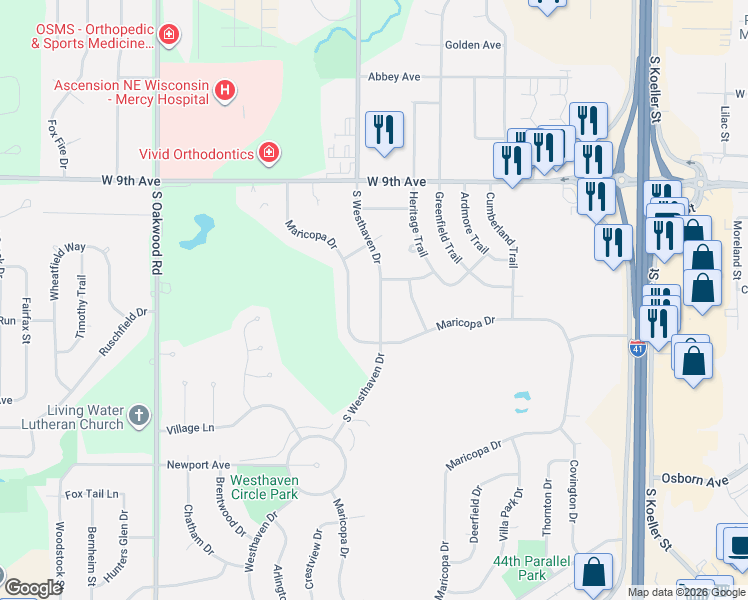 map of restaurants, bars, coffee shops, grocery stores, and more near 1240 Maricopa Drive in Oshkosh