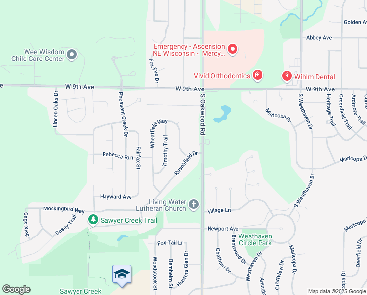 map of restaurants, bars, coffee shops, grocery stores, and more near 1208 Wheatfield Way in Oshkosh