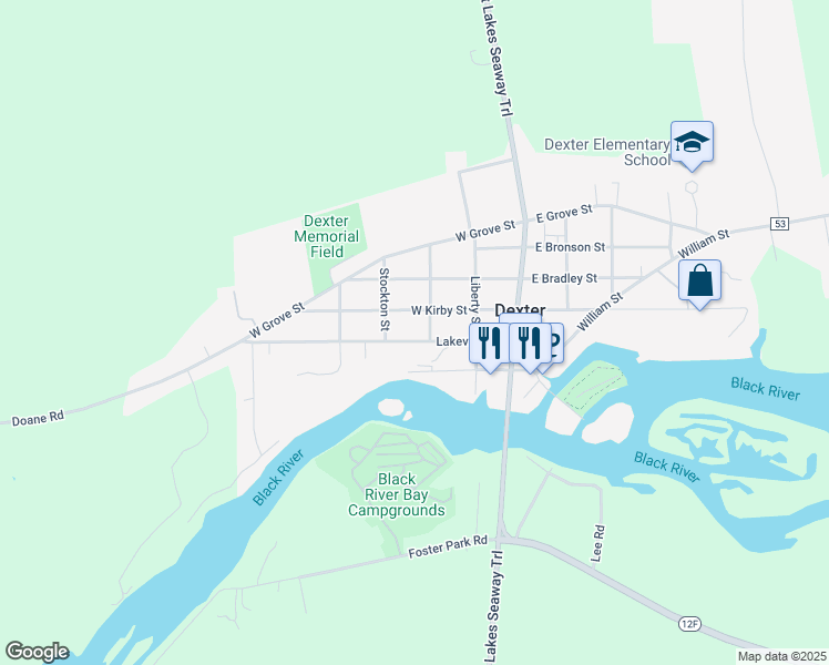 map of restaurants, bars, coffee shops, grocery stores, and more near 320 Lakeview Drive in Dexter