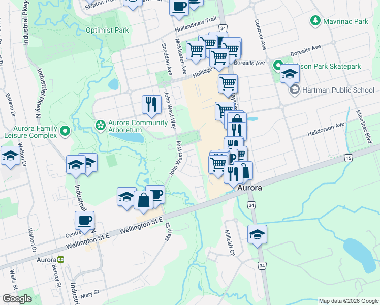 map of restaurants, bars, coffee shops, grocery stores, and more near 62 Wyatt Lane in Aurora