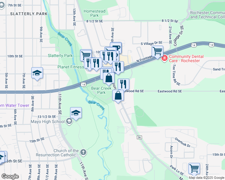 map of restaurants, bars, coffee shops, grocery stores, and more near 1225 Marion Road Southeast in Rochester
