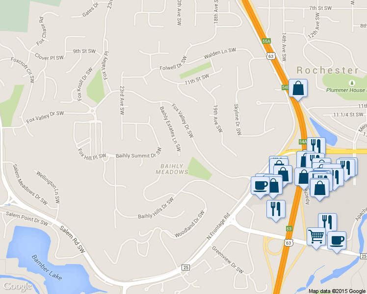 map of restaurants, bars, coffee shops, grocery stores, and more near 1933 Baihly Estates Lane Southwest in Rochester