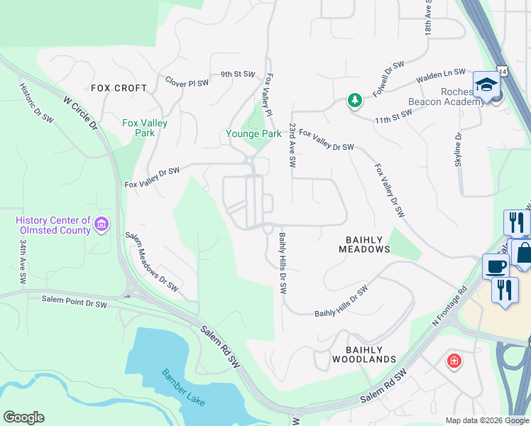map of restaurants, bars, coffee shops, grocery stores, and more near 1210 Grey Fox Avenue Southwest in Rochester